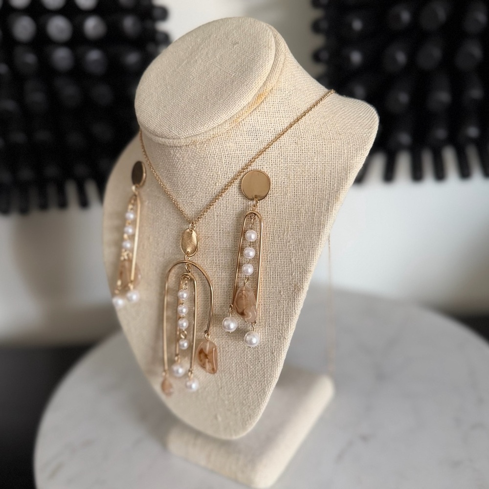 Gold Tone 18" Necklace Faux Pearl Genuine Stone with Marching Earrings - Picture 5 of 11